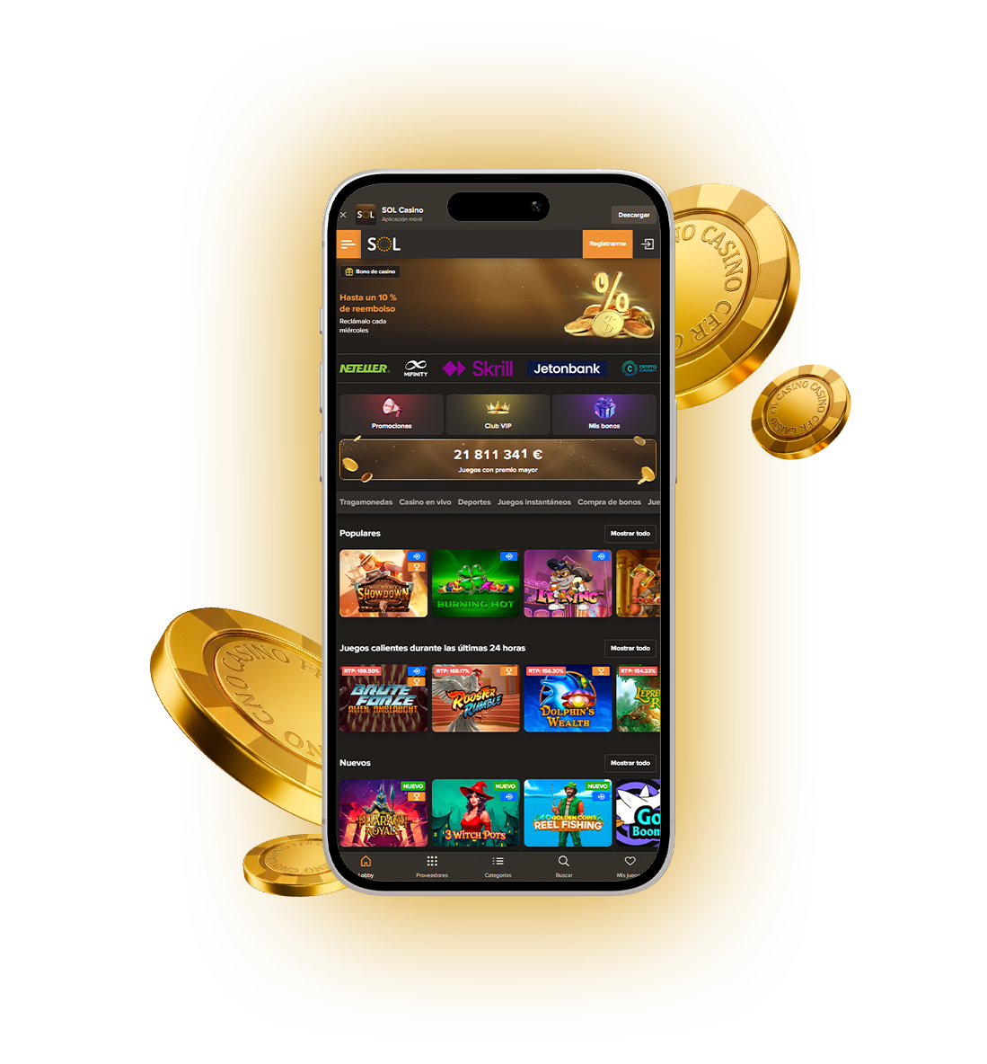 Versión móvil del sitio web de juegos Sol Casino.